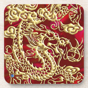 Geprägter goldener Drache auf rotem Satin-Druck Untersetzer