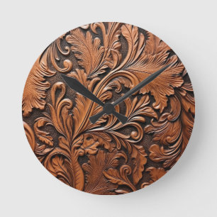 Geprägtes braunes Leder Runde Wanduhr