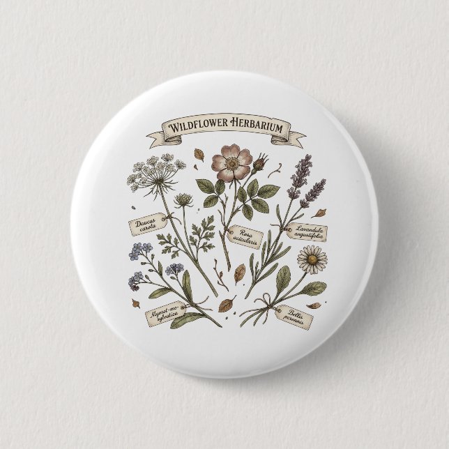 Gepresste Wildblumen Herbarium Vintage Botanical C Button (Vorderseite)