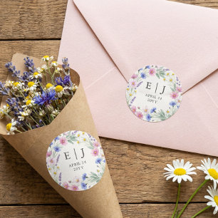 Gepresste Wildblumen-Monogramm-Hochzeitstüten-Favo Runder Aufkleber