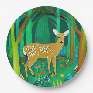 Gepunktete Fauna in einem Fantasy-Wald Pappteller