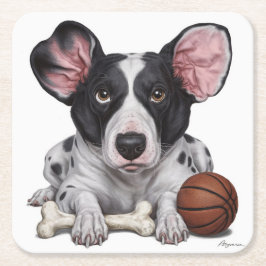 Gepunktete Kanine mit Basketball und Knochen Rechteckiger Pappuntersetzer