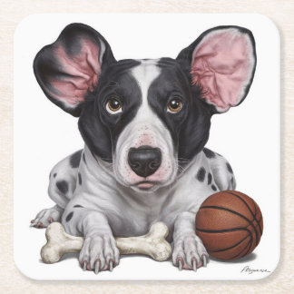 Gepunktete Kanine mit Basketball und Knochen Rechteckiger Pappuntersetzer