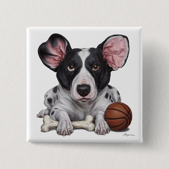 Gepunktete Kanine mit Basketball und Knochen: Whim Button (Vorderseite)