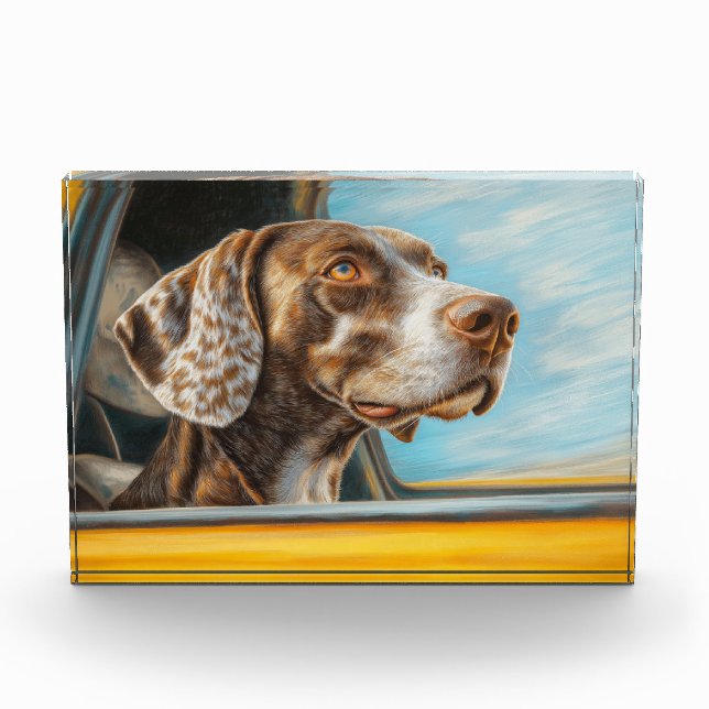Gepunkteter Hund auf einem Auto Abenteuer Kunst Fotoblock (Vorderseite)
