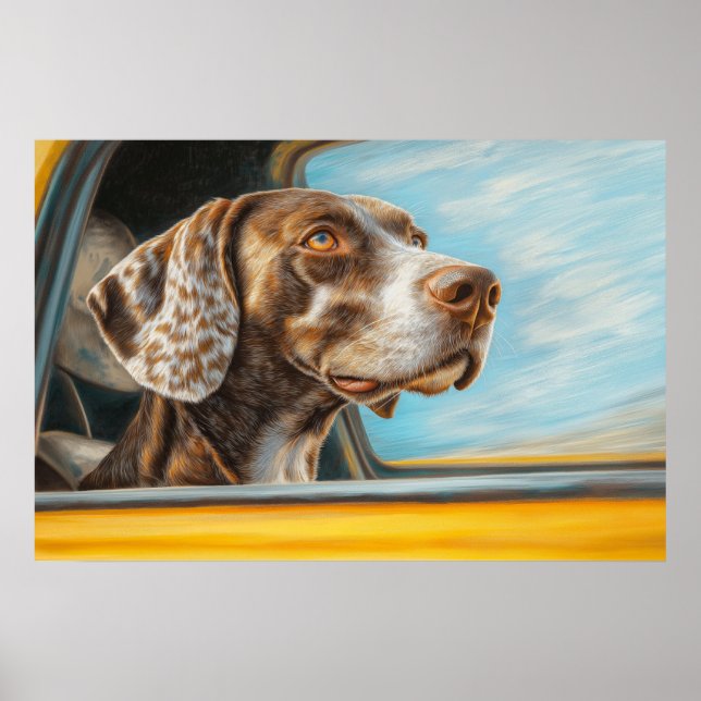 Gepunkteter Hund auf einem Auto Abenteuer Kunst Poster (Vorne)