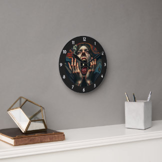 Gequälte Frau, die einen schrillen Schrei ausstößt Runde Wanduhr
