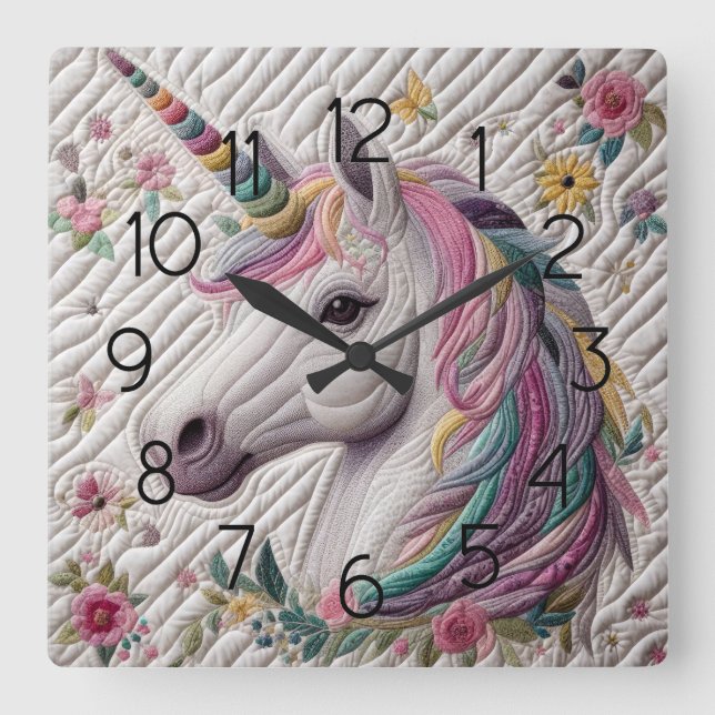 gequiltes Einhorn Quadratische Wanduhr (Vorderseite)