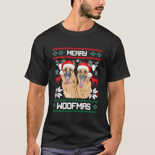 Ger Shepherd Merry Woofmas für T-Shirt (Vorderseite)