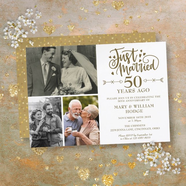 Gerade verheiratet 50. Hochzeitstag 3 Foto Einladung (Just Married 50th Wedding Anniversary 3 Photo Invitation)