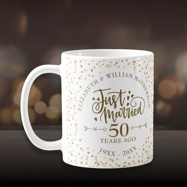 Gerade verheiratet 50. Hochzeitstag Gold Hearts Kaffeetasse (Just Married 50th Wedding Anniversary Gold Hearts Coffee Mug)