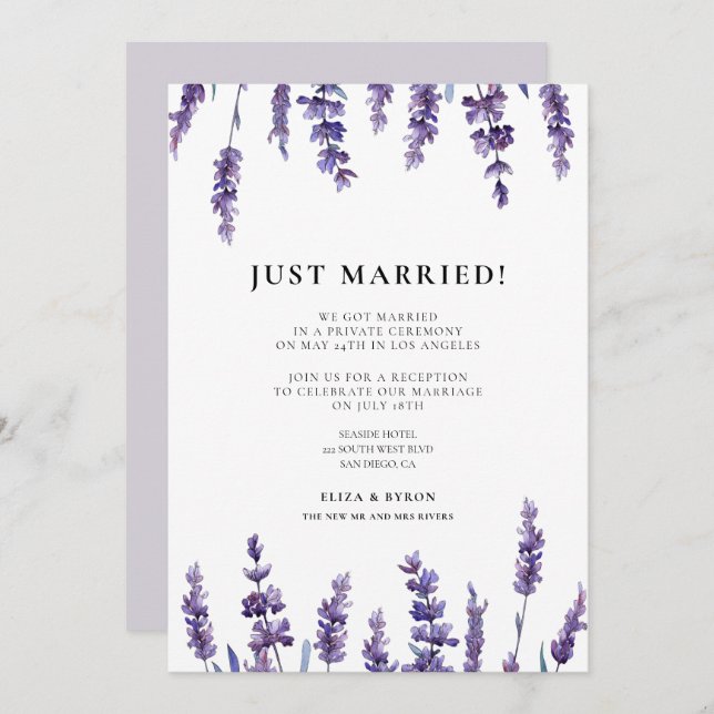 Gerade verheiratet Elegant lavender Hochzeitsankün Einladung (Vorne/Hinten)