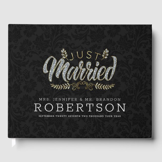 Gerade verheiratet moderne Glapotypografie schwarz Gästebuch (Vorderseite)