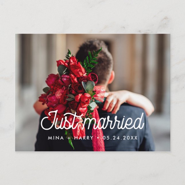 Gerade verheiratet Retro Vintage Hochzeit Foto Postkarte (Vorderseite)