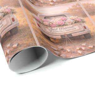 Gerade Verheiratet Vintage LKW Rosa Blumenhochzeit Geschenkpapier