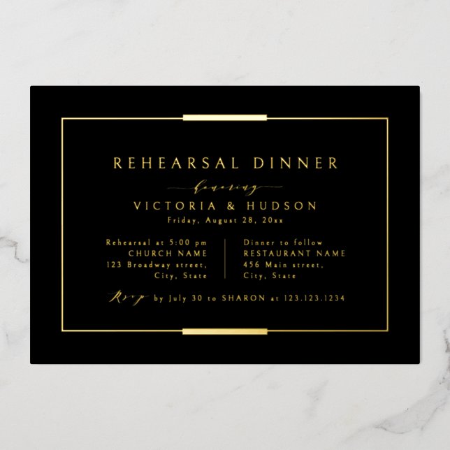 Gerahmt Elegante Schwarzes Gold Einfache Probe Abe Folieneinladung (Vorderseite)