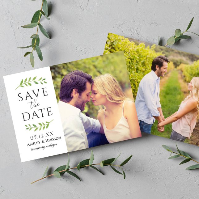 Gerahmt in Greenery Wedding Foto White Save The Date (Von Creator hochgeladen)