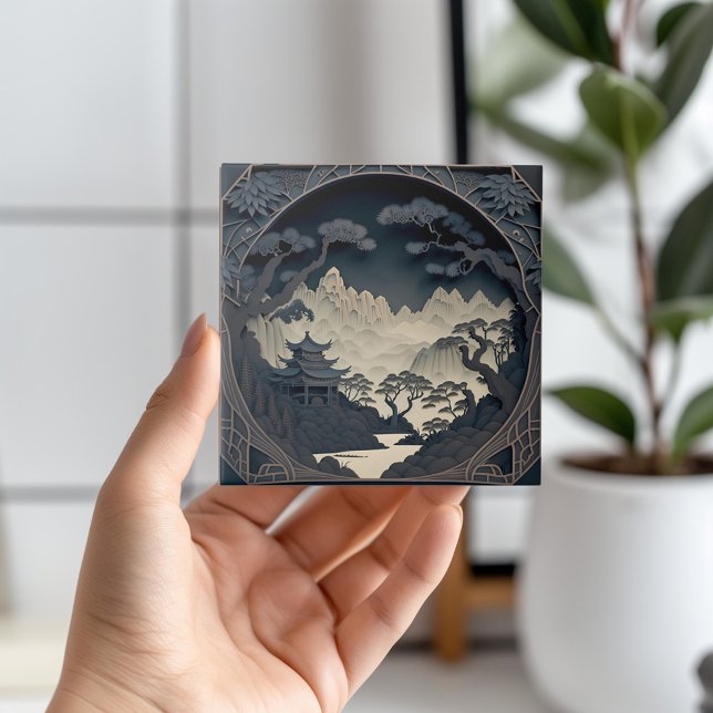 Gerahmte 3D-Chinesische Landschaft Grau Tile Fliese (Transform your space with the serene beauty of this Asia ceramic tile. 🌿🏞️ #TranquilVibes)