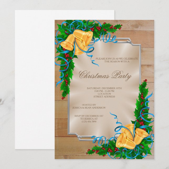 Gerahmte Corner Bells & Ribbon Weihnachten Einladung (Vorne/Hinten)