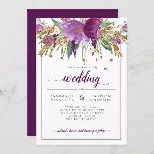 Gerahmte Hochzeit mit lila Amethyst und Goldflora Einladung