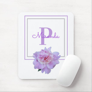 Gerahmte Lila Monogram Pink Peony Blume Mousepad