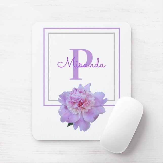 Gerahmte Lila Monogram Pink Peony Blume Mousepad (Mit Mouse)