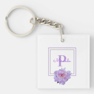 Gerahmte Lila Monogram Pink Peony Blume Schlüsselanhänger