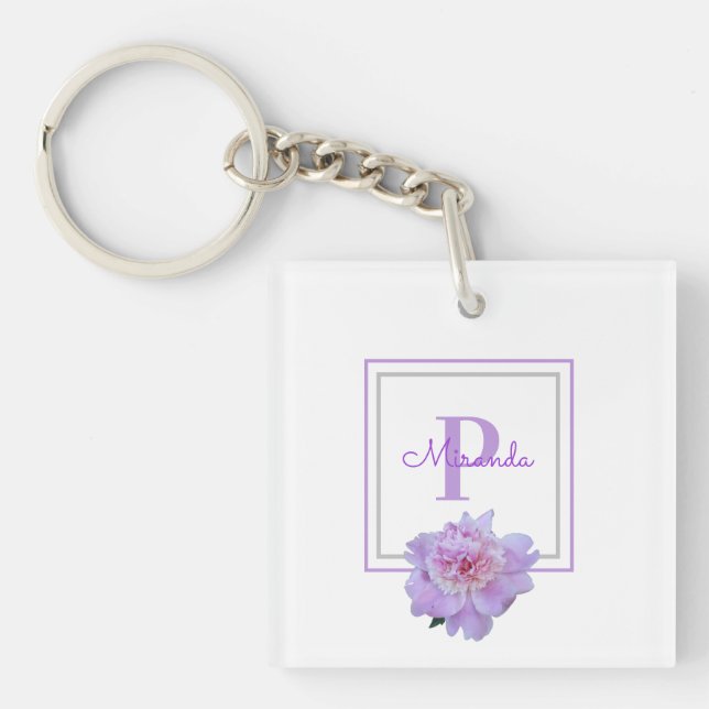 Gerahmte Lila Monogram Pink Peony Blume Schlüsselanhänger (Vorderseite)