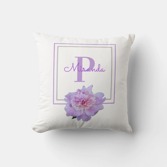 Gerahmte Monogram Pink Peony Blume Lila Kissen (Vorderseite)