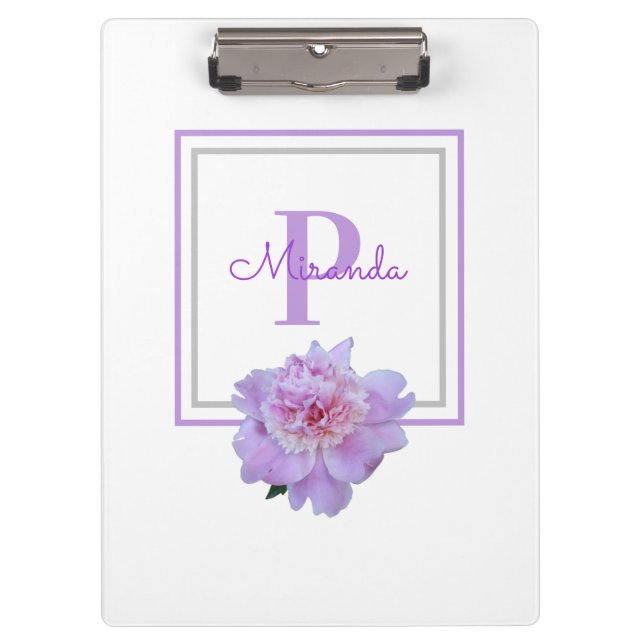 Gerahmte Monogram Pink Peony Blume Lila Klemmbrett (Vorderseite)
