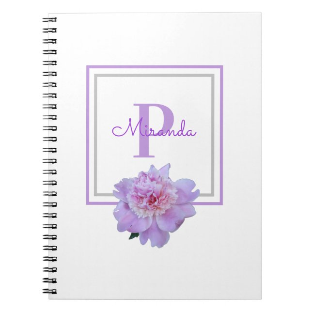 Gerahmte Monogram Pink Peony Blume Lila Notizblock (Vorderseite)