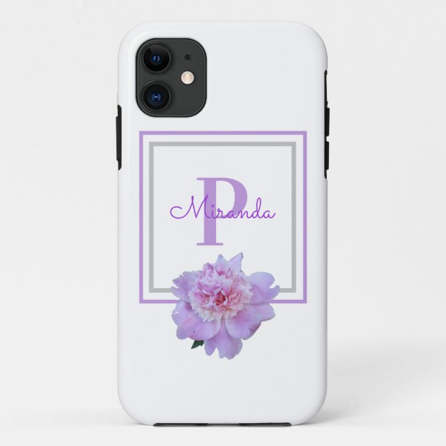 Gerahmte Monogramm Pink Peony Blume Lila Theme Pil Case-Mate iPhone Hülle (Rückseite)
