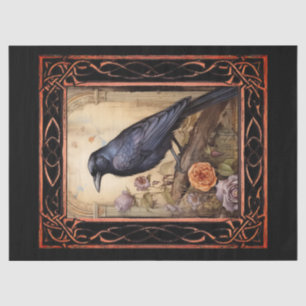 Gerahmter gotischer Rabe & Blumen-Decoupage Seidenpapier