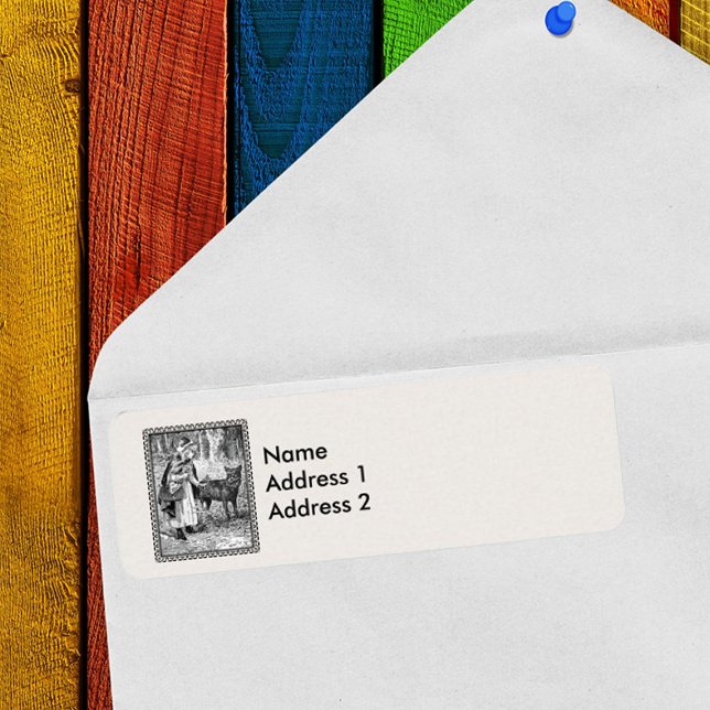 Gerahmter Red Riding Hood Wolf im Wald auf Weiß (Vintage Little Red Riding Hood in woods with Wolf in black and white return address labels.)