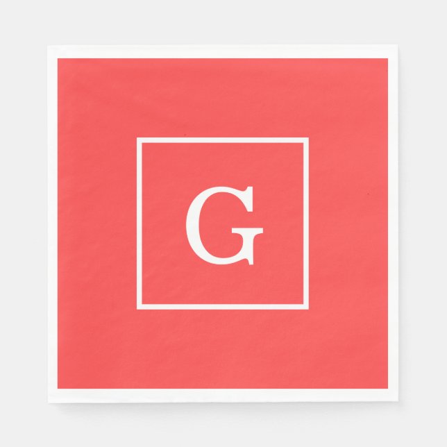 Gerahmtes Monogramm Coral Red White Serviette (Vorderseite)