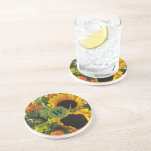 Gerahmtes Monogramm Schöne Sonnenblumen Sandstein Getränkeuntersetzer