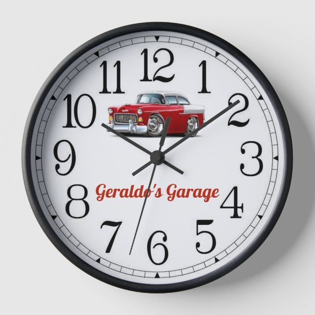 Geraldos Garage Red & White Classic Car Clock Uhr (Vorderseite)