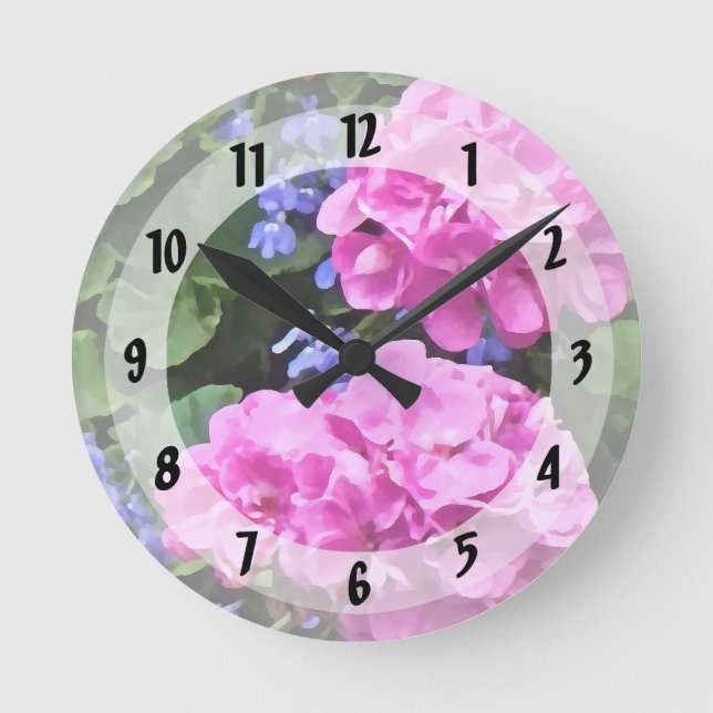 Geranien und Periwinkle Runde Wanduhr (Vorderseite)