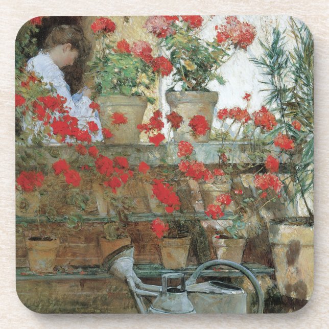 Geranien von Childe Hassam, Vintager Impressionism Getränkeuntersetzer (Vorderseite)