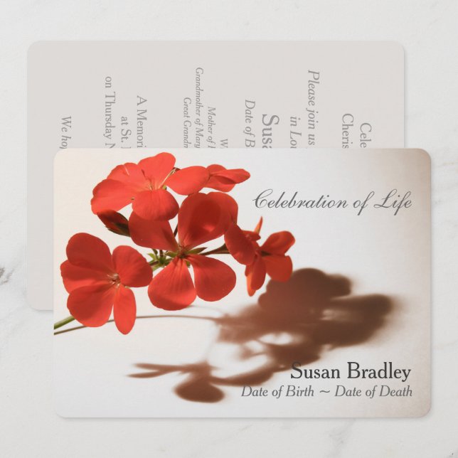 Geranium Feier zur Beerdigung des Lebens Einladung (Vorne/Hinten)