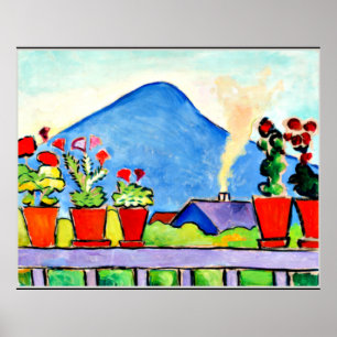 Geraniums Before Blue Mountain, farbenfrohe Malere Poster