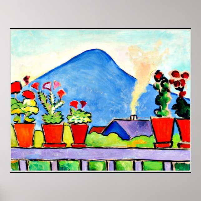 Geraniums Before Blue Mountain, farbenfrohe Malere Poster (Vorne)