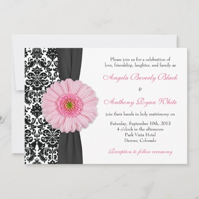 Gerber Daisy Pale Pink Schwarz-weiß Damask Wedding Einladung (Vorderseite)