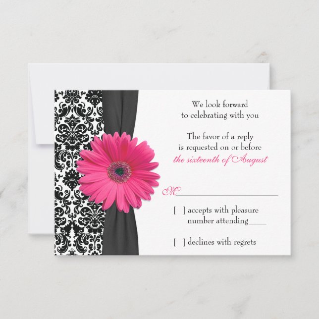 Gerber Daisy Pink Black Damask Wedding UAWG Respon RSVP Karte (Vorderseite)