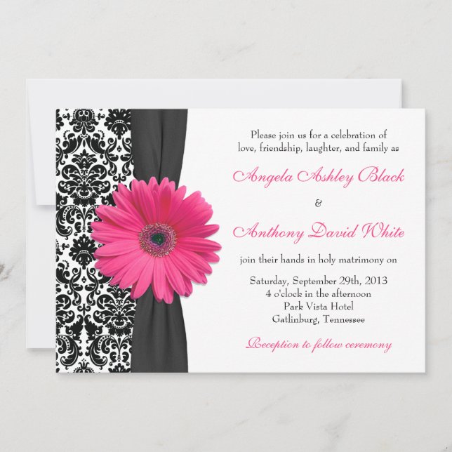 Gerber Daisy Pink Schwarz-weiß Damask Wedding Einladung (Vorderseite)