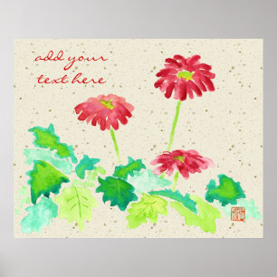 Gerbera-Aquarell, das rotes grünes Washi Papier Poster