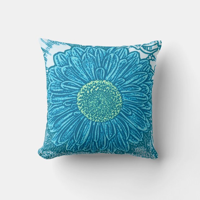 Gerbera Daisy Block Print - Blau Kissen (Vorderseite)