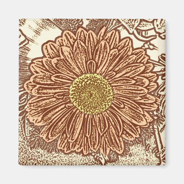 Gerbera Daisy Block Print - braun und braun Magnet (Vorne)