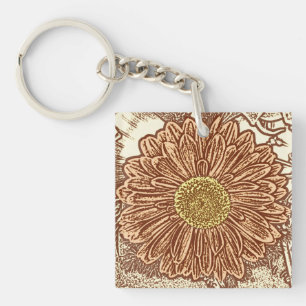 Gerbera Daisy Block Print - braun und braun Schlüsselanhänger