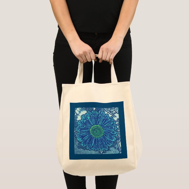 Gerbera Daisy Block Print, Cerulean Blue Tragetasche (Vorderseite (Produkt))